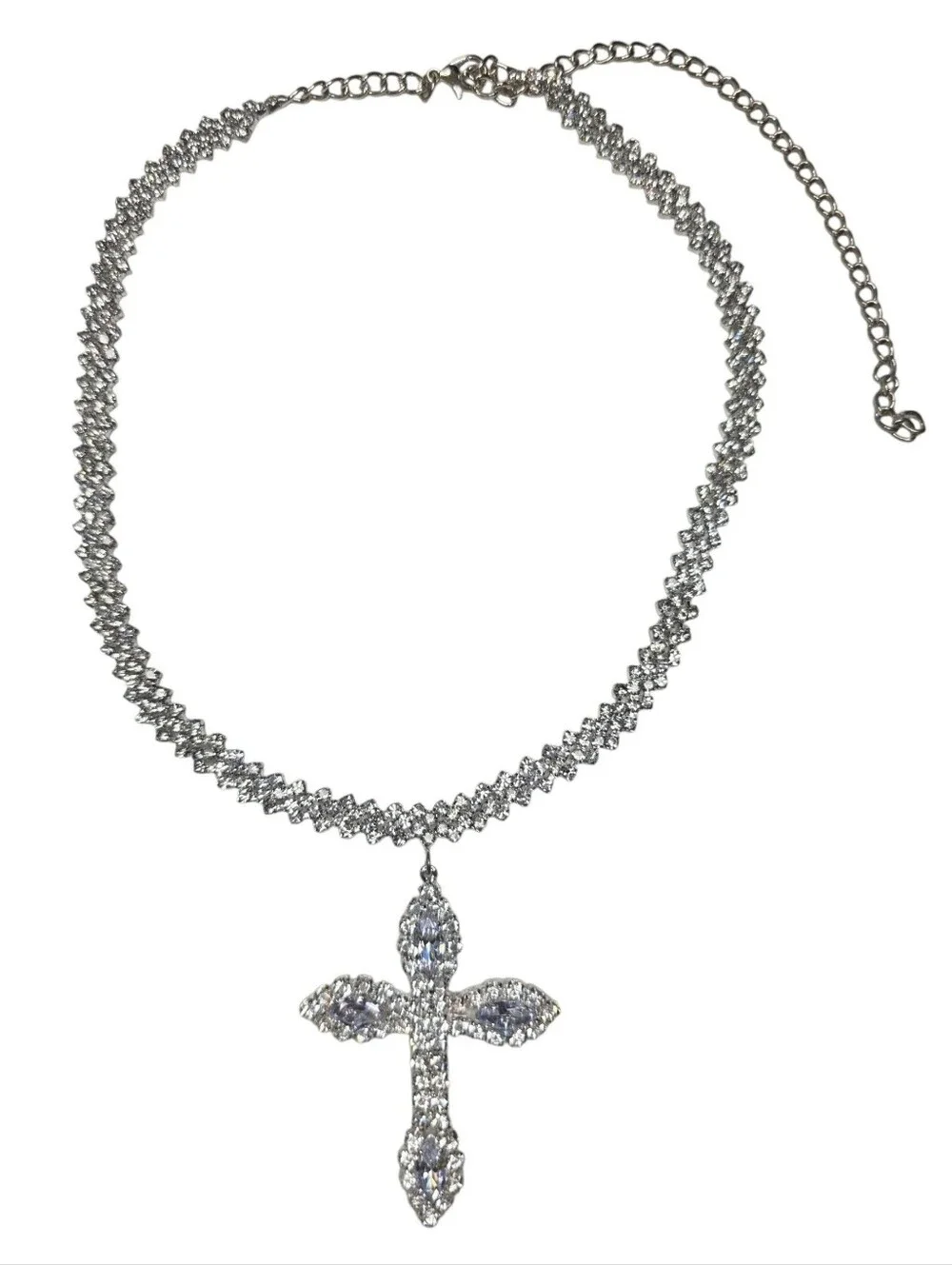 Crucifix Cross Choker Rhinestone Encrusted Dramatic Statement Silver Necklace